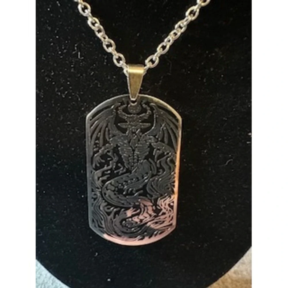 Baphomet Dog Tag Necklace Silver Stainless Steel Gothic Occult Pendant 24 Inch